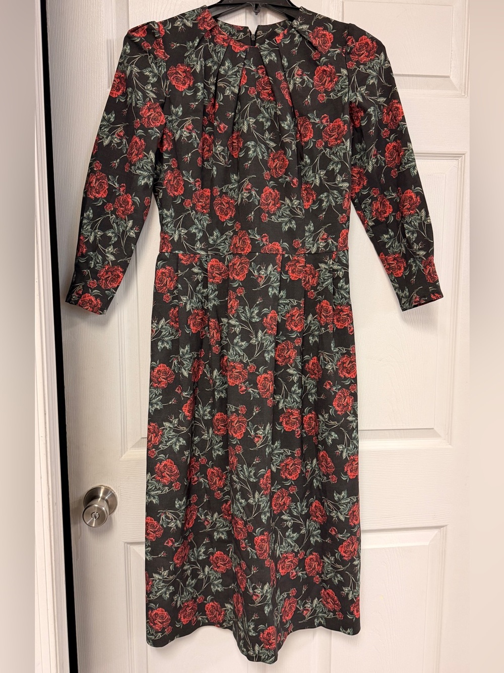 Prada Black Long-Sleeve Midi Dress with Red Rose Print